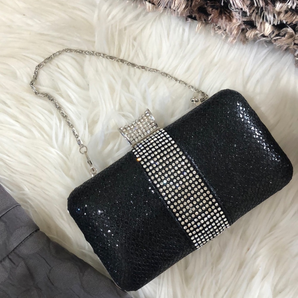 CRYSTAL ENCRUSTED EVENING BAG beaded EVENING BAG💥black w chain TIMELESS CLASSIC - Picture 8 of 10